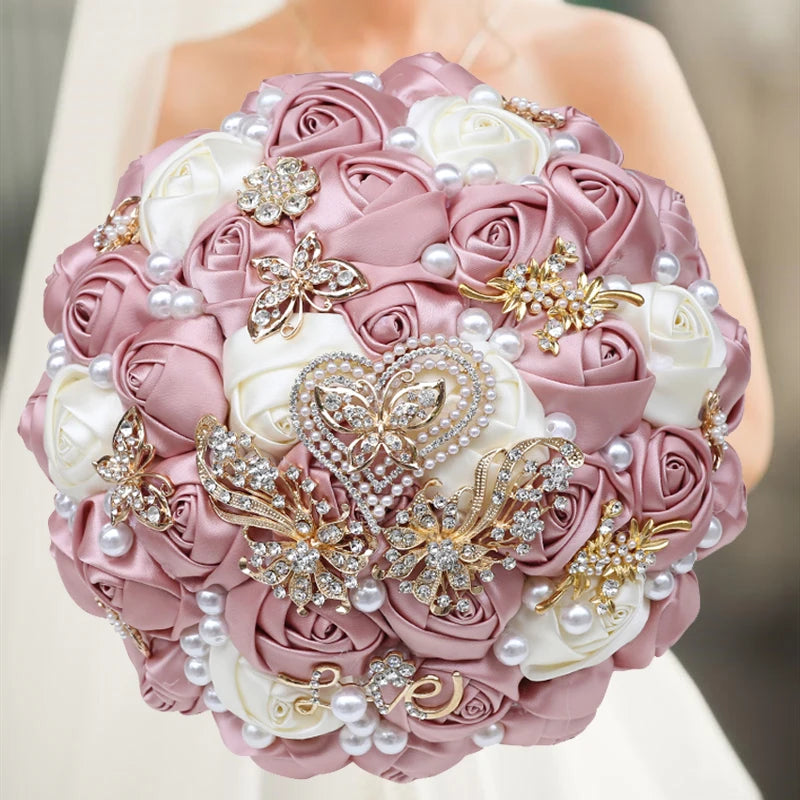 1pc/lot  Pink and White Bridal And Bridesmaid Bouquets Rhinestones Silk Roses And Pearls Handmade Sisters Wedding Bouquets