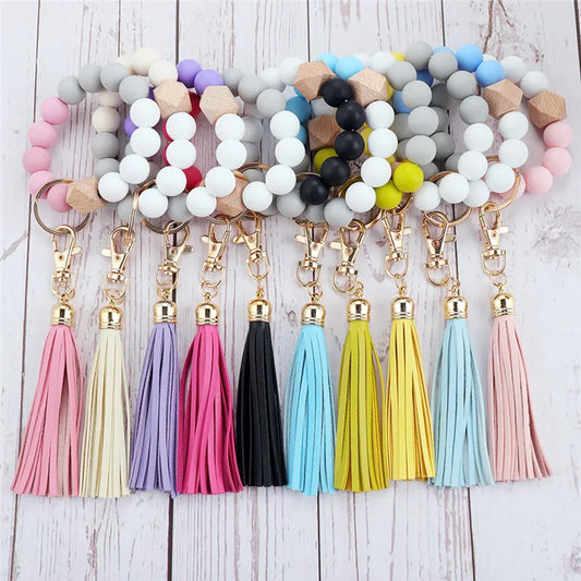 1pcs Silicone Wood Beads Keychain Keyring For Women Wristlet Bracelet Pendant Keychain Accessories