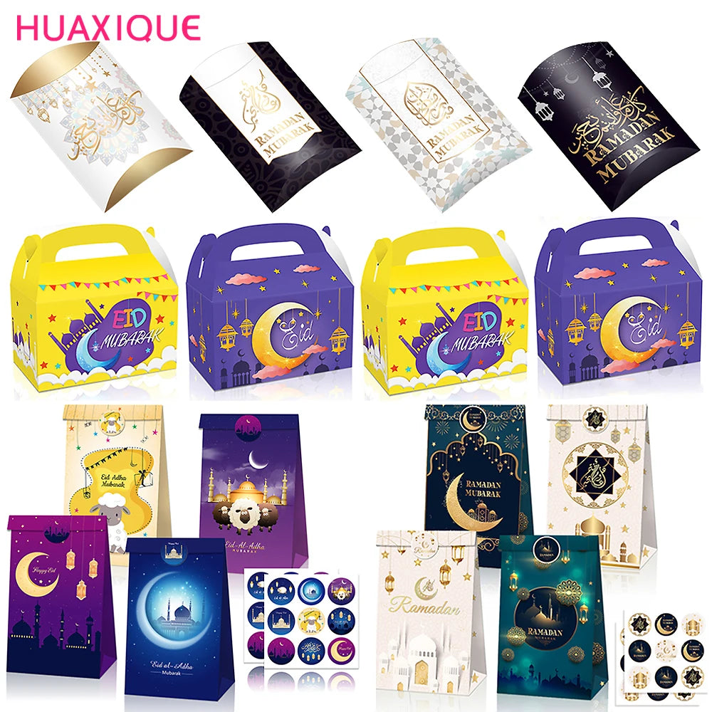 12pcs Eid Mubarak Gift Bags with Stickers Cookie Candy Packaging Box Islamic Festival Ramadan Mubarak Eid al-Fitr Party Supplies