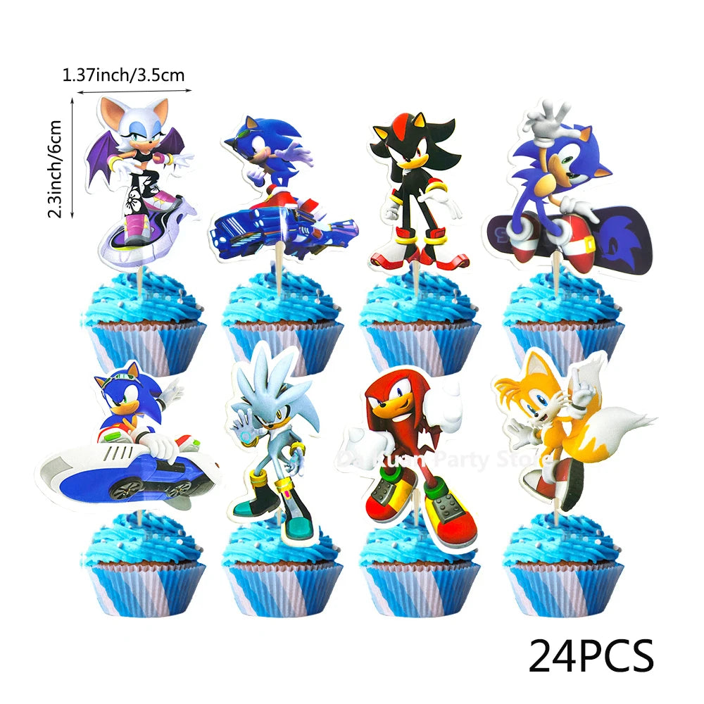 24pcs Sonic the Hedgehog Theme DIY Party Supplies Birthday Decoration Baby Shower Cake Topper Kit Supplies Kid Toys Gift