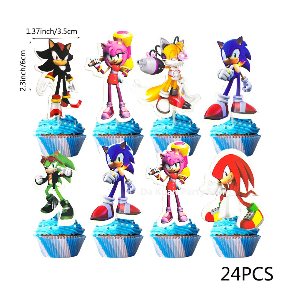 24pcs Sonic the Hedgehog Theme DIY Party Supplies Birthday Decoration Baby Shower Cake Topper Kit Supplies Kid Toys Gift