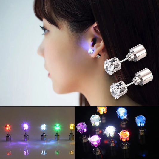 2PCS Colorful LED Luminous Studs Square Zircon Earrings Men Women Bar Rave Party Ear Stud Jewelry Glowing Earring