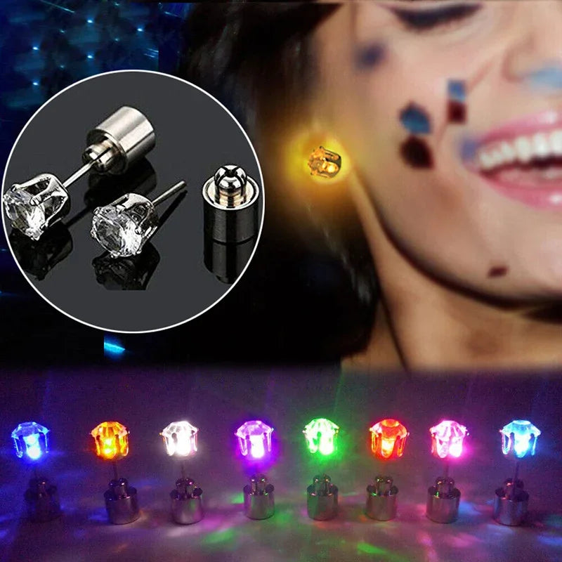 2PCS Colorful LED Luminous Studs Square Zircon Earrings Men Women Bar Rave Party Ear Stud Jewelry Glowing Earring