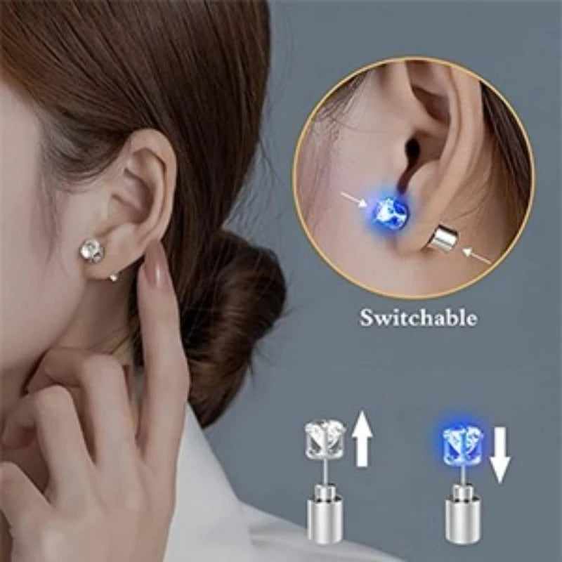 2PCS Colorful LED Luminous Studs Square Zircon Earrings Men Women Bar Rave Party Ear Stud Jewelry Glowing Earring