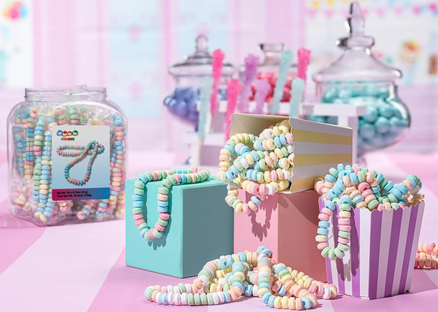 36 Candy Necklaces Individually Wrapped, Choker Style, Nostalgic Pastel Candy Jewelry Perfect for Party Favors, Pinata Fillers and Goodie Bags, Packed in a Convenient Display Tub, by