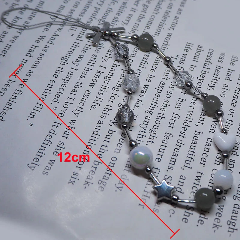 Gray Mobile Phone Charm Strap Chain Lanyard for Women Acrylic Love Heart Glass Crack Beads Girls Y2K Jewelry Pendant Accessories