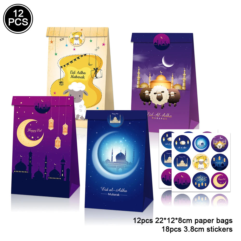 12pcs Eid Mubarak Gift Bags with Stickers Cookie Candy Packaging Box Islamic Festival Ramadan Mubarak Eid al-Fitr Party Supplies