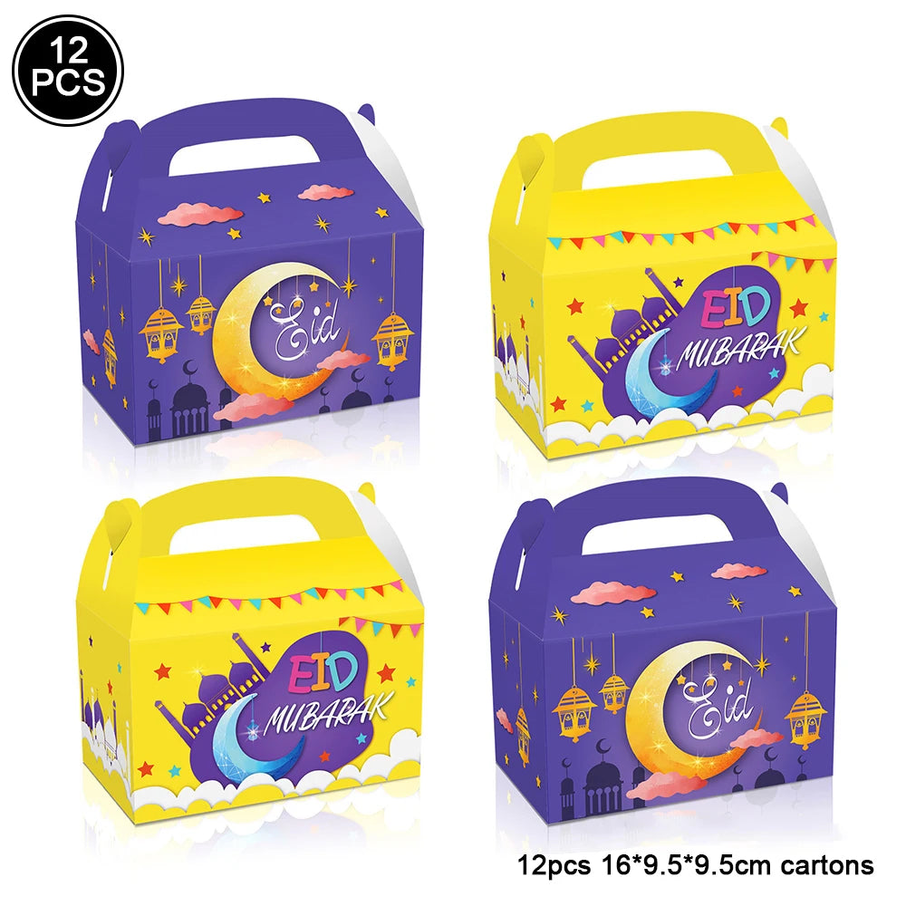 12pcs Eid Mubarak Gift Bags with Stickers Cookie Candy Packaging Box Islamic Festival Ramadan Mubarak Eid al-Fitr Party Supplies