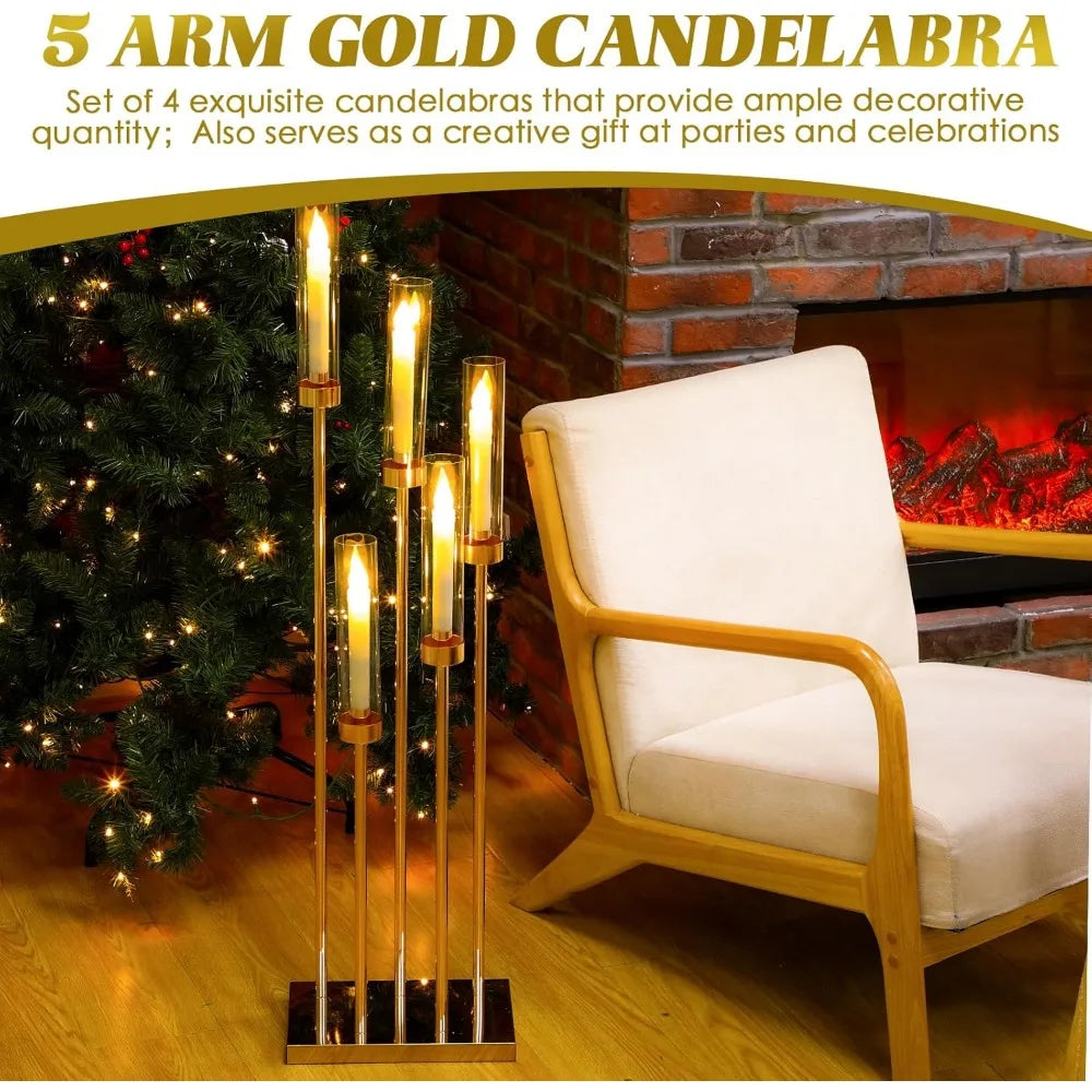 4 Pcs Gold Floor Candelabra Centerpieces 42.5'' 5Candle Stand for Wedding Ceremony Home Father Day Party Decor