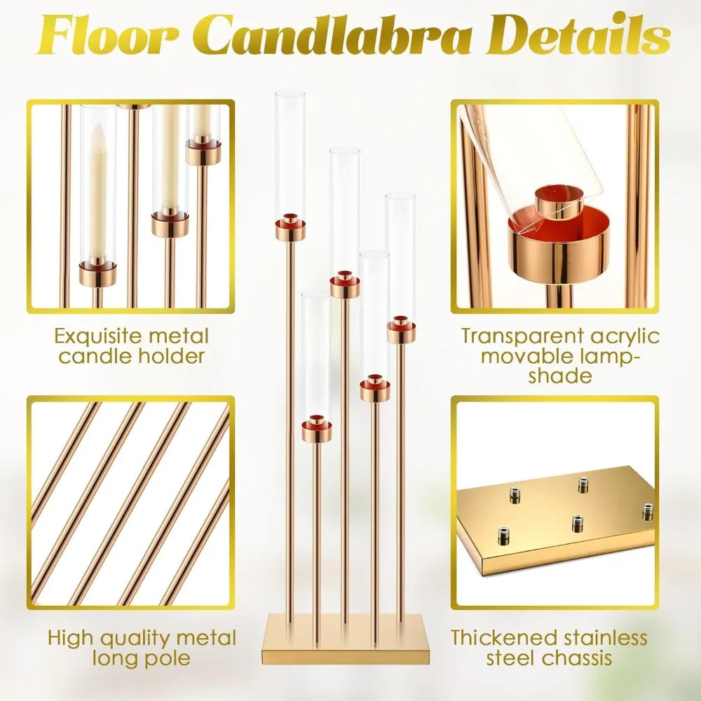 4 Pcs Gold Floor Candelabra Centerpieces 42.5'' 5Candle Stand for Wedding Ceremony Home Father Day Party Decor