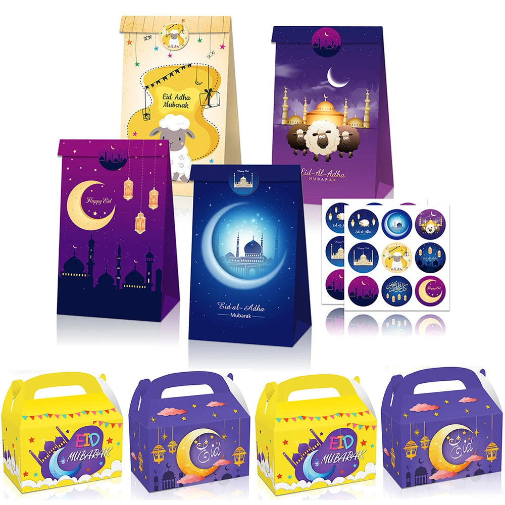 12pcs Eid Mubarak Gift Bags with Stickers Cookie Candy Packaging Box Islamic Festival Ramadan Mubarak Eid al-Fitr Party Supplies