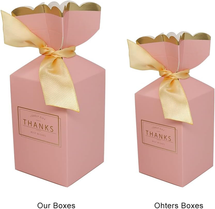 Favor Boxes, 50Pcs Paper DIY Candy Boxes with Ribbons for Wedding, Bridal Shower, Baby Shower, Birthday Party(2.28X3.46X5.71Inch, Pink)