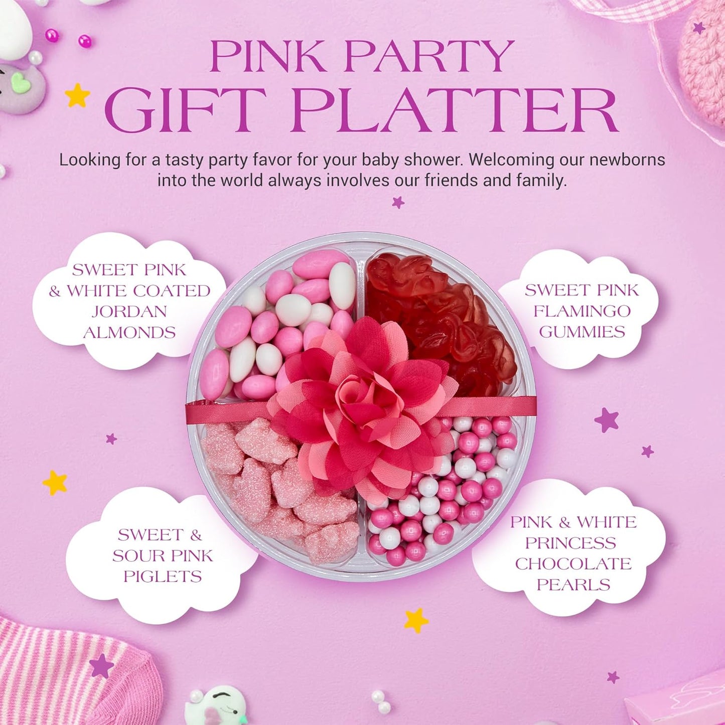 Luxury-Gourmet-Sweets Pink Candy Gift Platter - Assorted Sampler Basket of Quality Candies - Perfect Baby Shower Decorations for Girl - Candy Tray with Fancy Ribbon - Pink