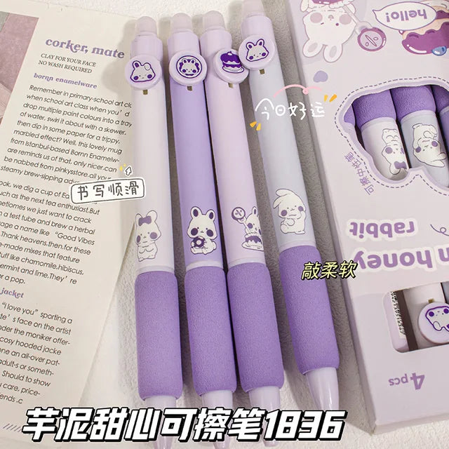 4pcs Cute Erasable Pen Blue Ink Soft Pen Grip Writing Smooth Quick-Drying Elegant Pens Office Accessories Aesthetic Stationery