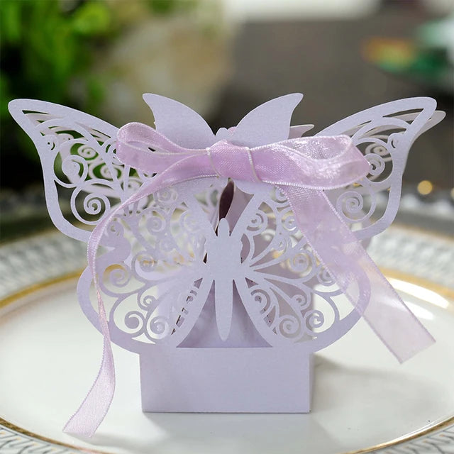 50Pcs Butterfly Laser Cut Hollow Chocolate Candy Box Gifts Packaging Box With Ribbon Wedding Decoration Party Supplies