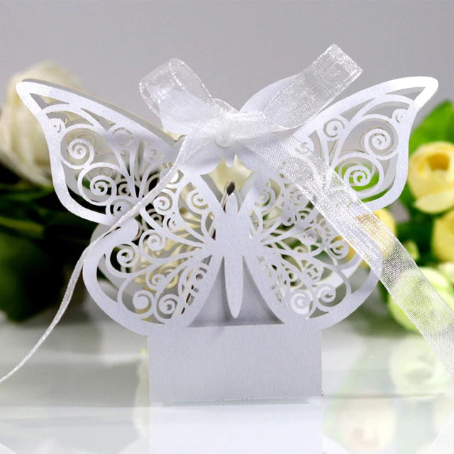 50Pcs Butterfly Laser Cut Hollow Chocolate Candy Box Gifts Packaging Box With Ribbon Wedding Decoration Party Supplies