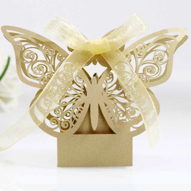 50Pcs Butterfly Laser Cut Hollow Chocolate Candy Box Gifts Packaging Box With Ribbon Wedding Decoration Party Supplies