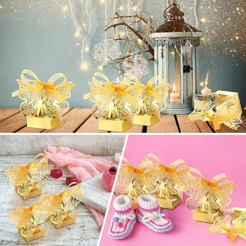 50Pcs Butterfly Laser Cut Hollow Chocolate Candy Box Gifts Packaging Box With Ribbon Wedding Decoration Party Supplies