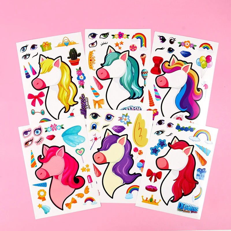 12pcs Cartoon Unicorn Make A Face Assemble DIY Sticker Children Handmade Creative Kawaii Stickers Kids Birthday Gifts Decoration