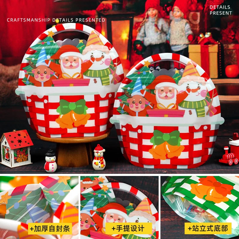 5PCS Basket Shape Christmas Candy Bags Santa Claus For Handmade Cookies Snacks DIY Gift Packaging Favors Home Party Decoration