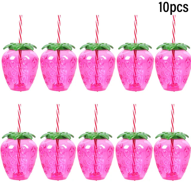 6/10pcs Hawaiian Summer Pineapple Coconut Drinking Cups Strawberry Shaped Juice Drink Cups for Birthday Beach Pool Party