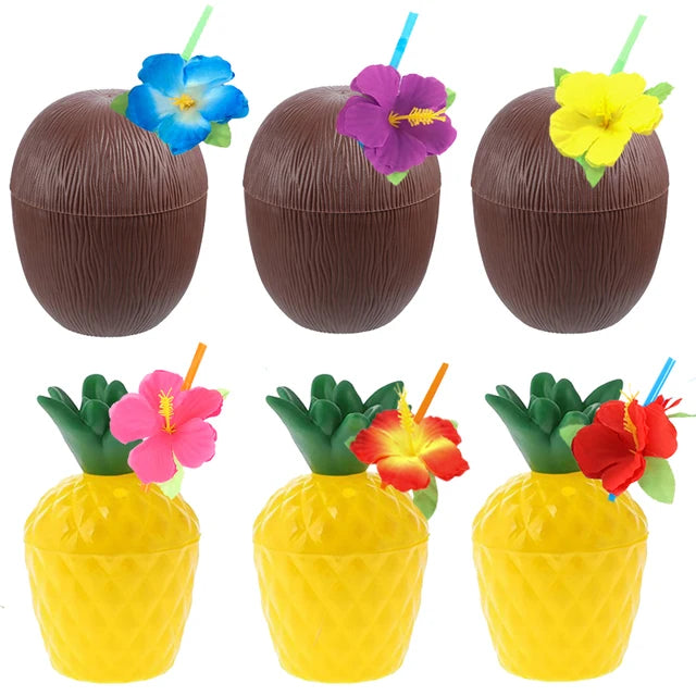 6/10pcs Hawaiian Summer Pineapple Coconut Drinking Cups Strawberry Shaped Juice Drink Cups for Birthday Beach Pool Party