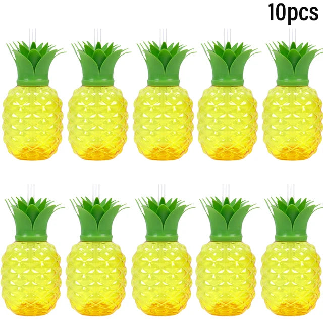 6/10pcs Hawaiian Summer Pineapple Coconut Drinking Cups Strawberry Shaped Juice Drink Cups for Birthday Beach Pool Party