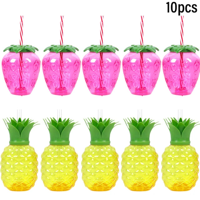 6/10pcs Hawaiian Summer Pineapple Coconut Drinking Cups Strawberry Shaped Juice Drink Cups for Birthday Beach Pool Party