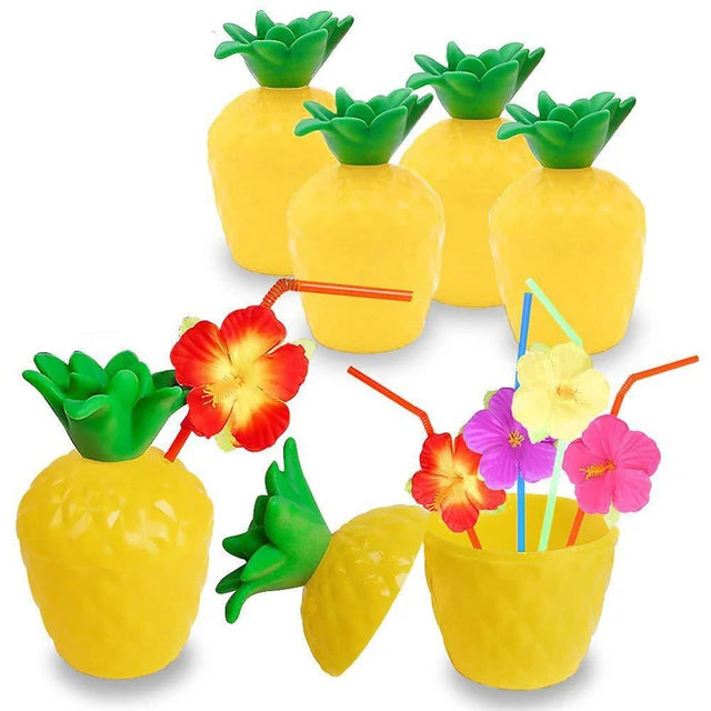 6/10pcs Hawaiian Summer Pineapple Coconut Drinking Cups Strawberry Shaped Juice Drink Cups for Birthday Beach Pool Party