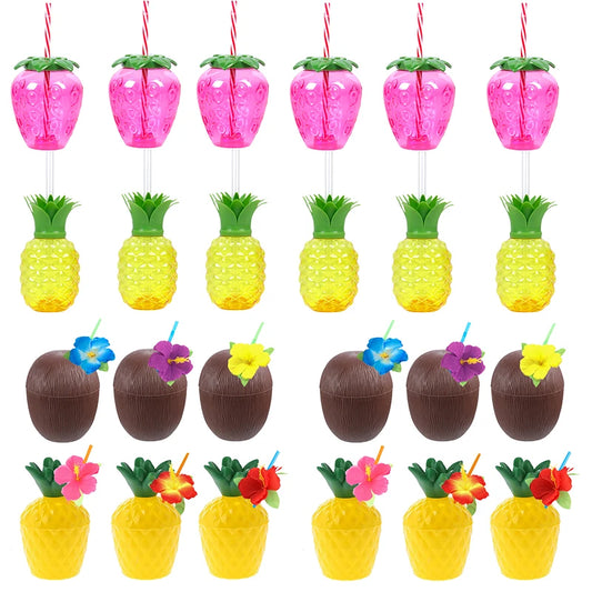 6/10pcs Hawaiian Summer Pineapple Coconut Drinking Cups Strawberry Shaped Juice Drink Cups for Birthday Beach Pool Party