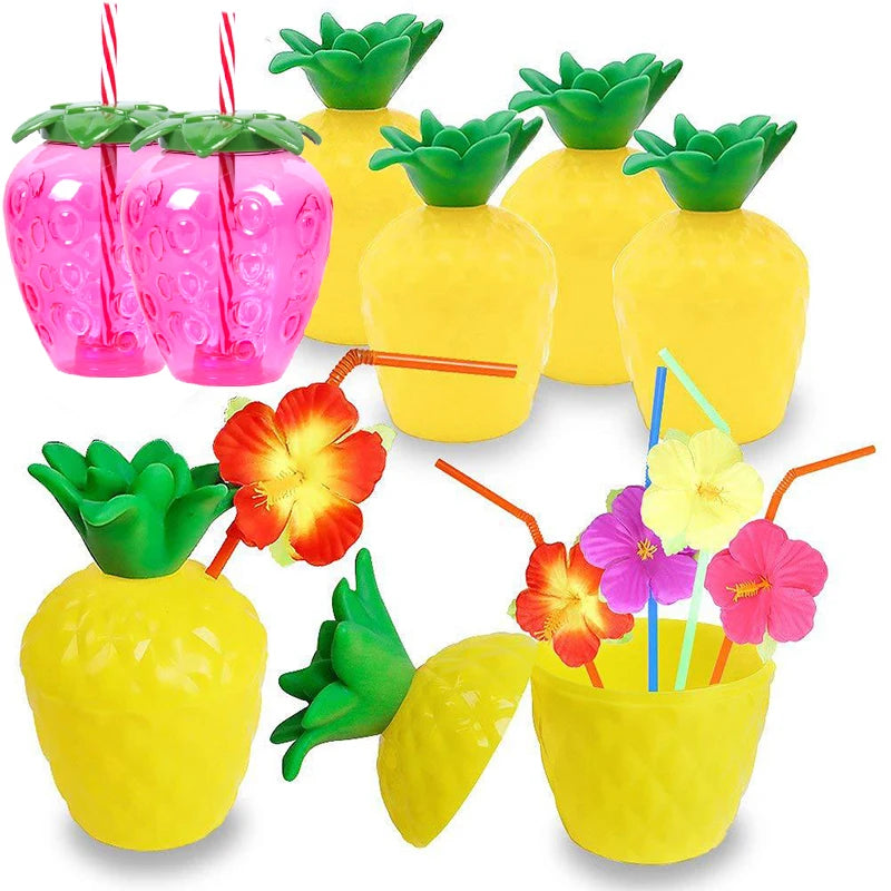 6/10pcs Hawaiian Summer Pineapple Coconut Drinking Cups Strawberry Shaped Juice Drink Cups for Birthday Beach Pool Party