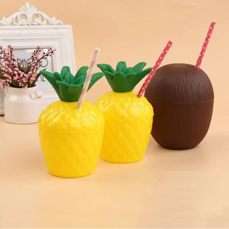 6/10pcs Hawaiian Summer Pineapple Coconut Drinking Cups Strawberry Shaped Juice Drink Cups for Birthday Beach Pool Party