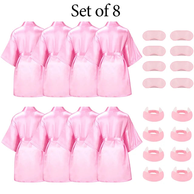 6-15Pack Spa Party Robes Kimono Girl Birthday Favors Kids Satin Bathrobe Slumber Party Costume Supplies Women Headband Blindfold