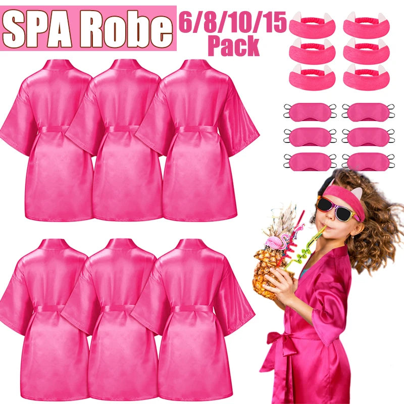 6-15Pack Spa Party Robes Kimono Girl Birthday Favors Kids Satin Bathrobe Slumber Party Costume Supplies Women Headband Blindfold