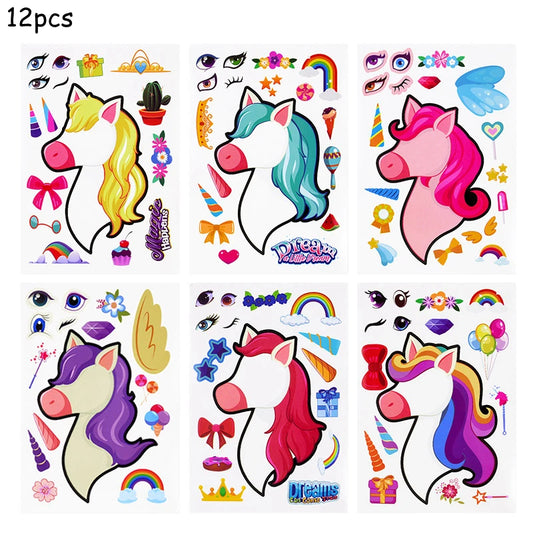 12pcs Cartoon Unicorn Make A Face Assemble DIY Sticker Children Handmade Creative Kawaii Stickers Kids Birthday Gifts Decoration