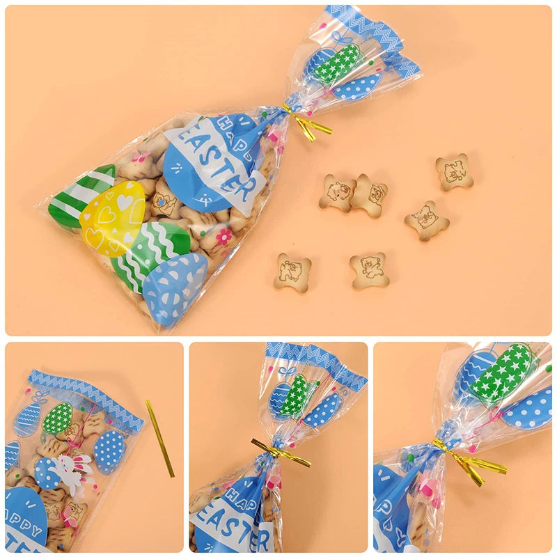 50pcs Cartoon Easter Candy Gift Bags Easter Treat Bag with Ties Easter Party Kids Gifts Cookie Packaging Supplies Basket Stuffer