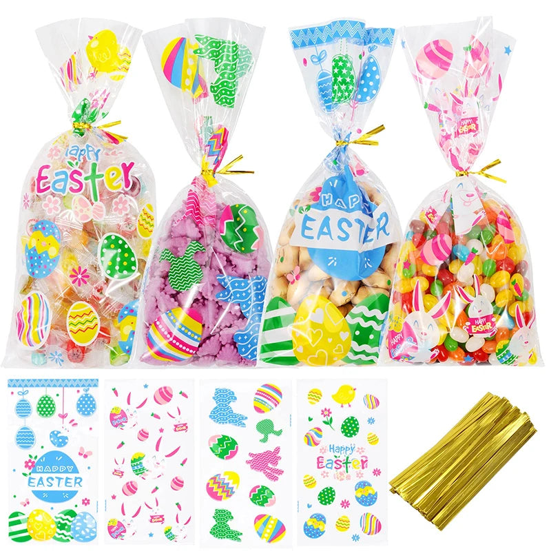 50pcs Cartoon Easter Candy Gift Bags Easter Treat Bag with Ties Easter Party Kids Gifts Cookie Packaging Supplies Basket Stuffer