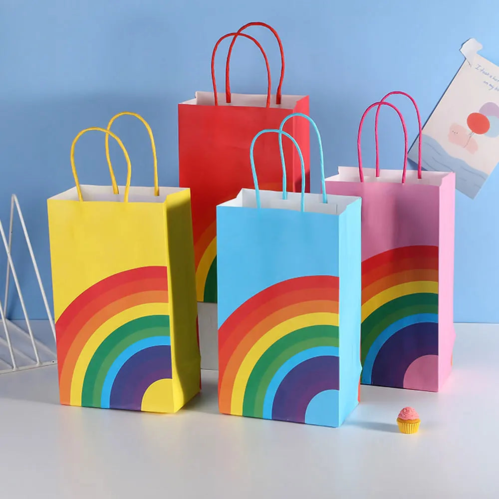 6PCS Rainbow Gift Bags Candy Bags with Handle / Baby Shower Gift Sweets Bag Kid Rainbow Birthday Party Supplies