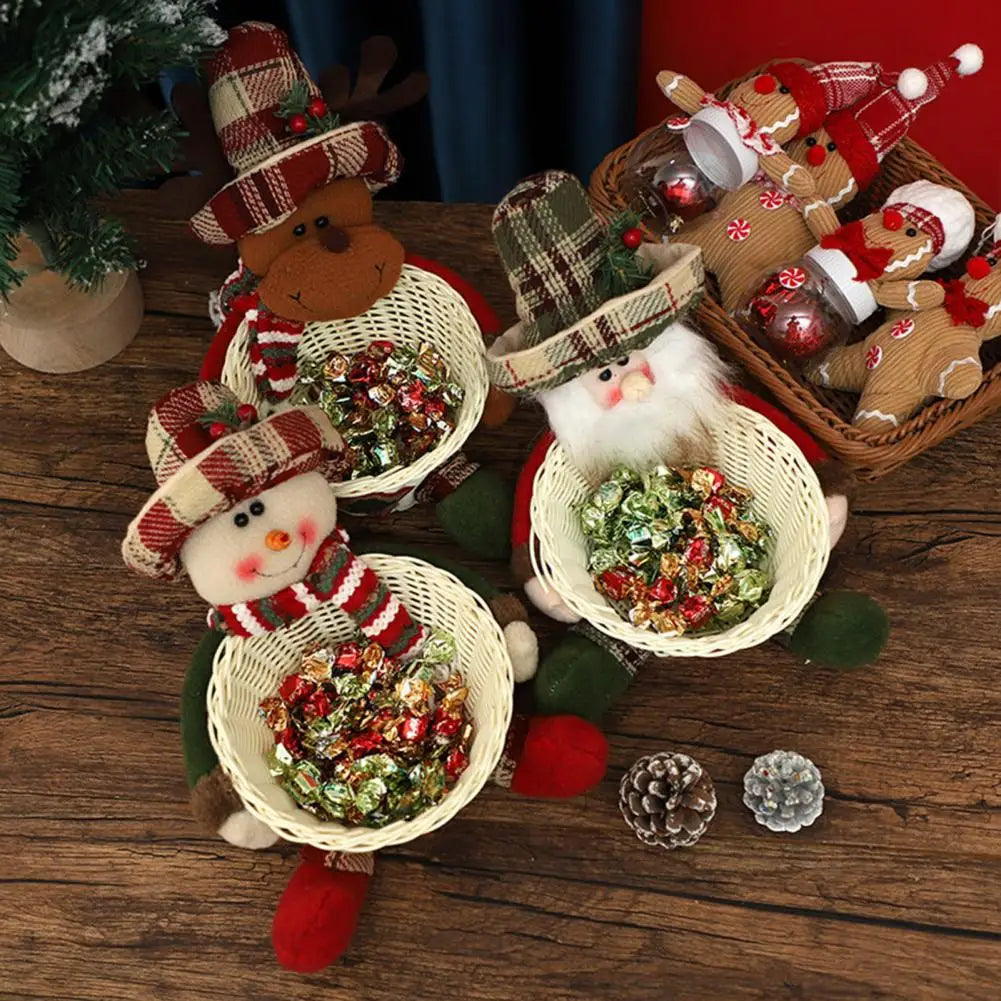 Christmas Candy Basket Santa Snowman Doll Decor Woven Basket Holiday Table Desk Decoration Candy Bowl Candy Gift Container