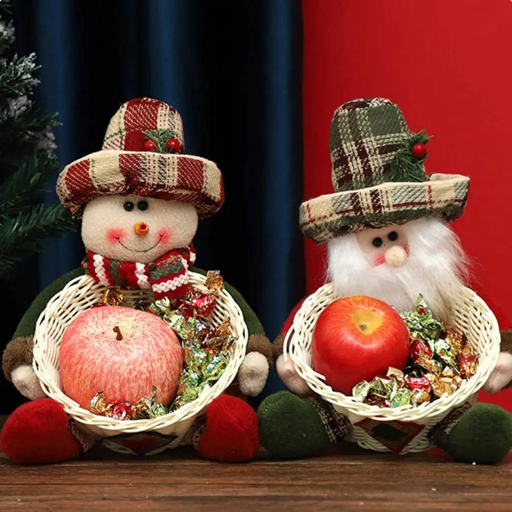 Christmas Candy Basket Santa Snowman Doll Decor Woven Basket Holiday Table Desk Decoration Candy Bowl Candy Gift Container