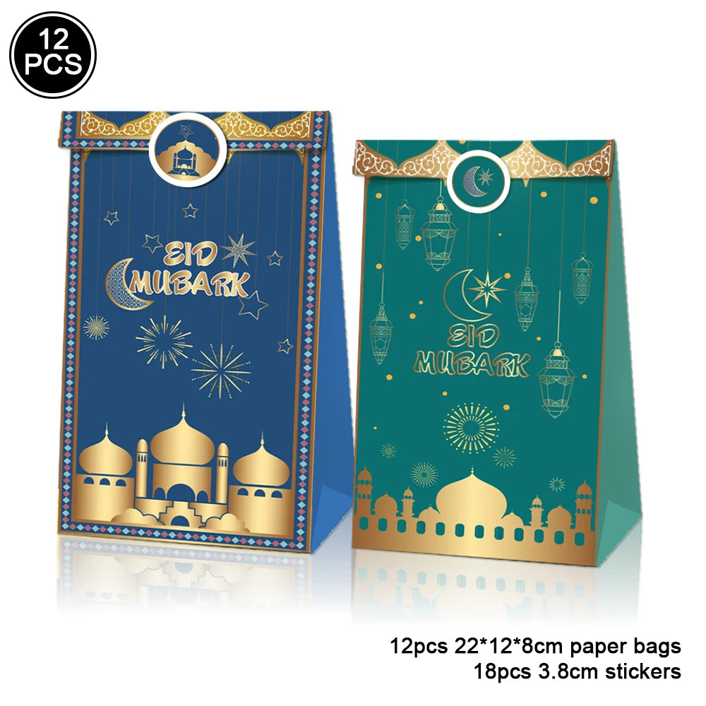 12pcs Eid Mubarak Gift Bags with Stickers Cookie Candy Packaging Box Islamic Festival Ramadan Mubarak Eid al-Fitr Party Supplies