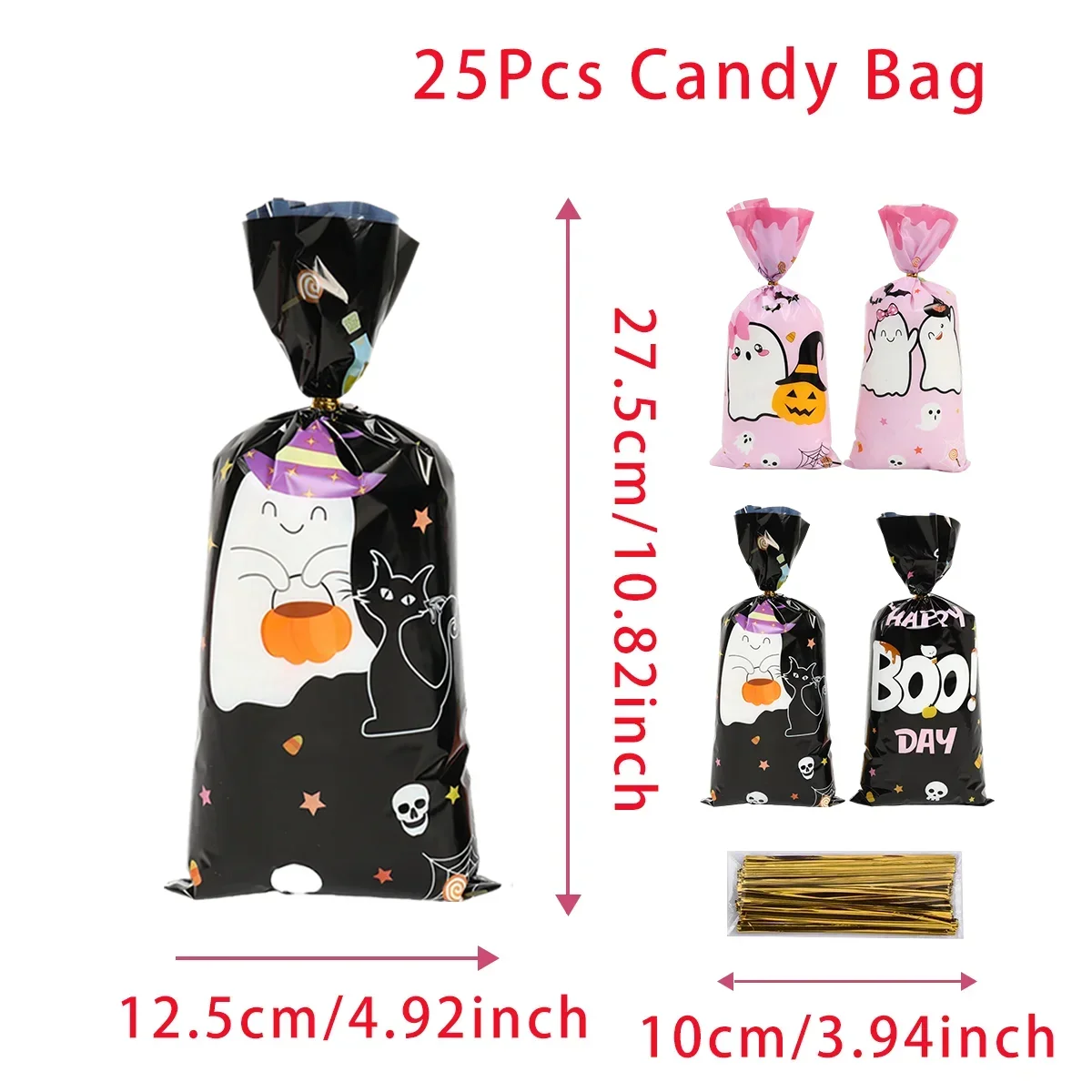 50/100pcs Halloween Ghost Cat Gift Bags Candy Cookie Packaging Bags Trick Or Treat 2024 Happy Halloween Party Decor Supplies