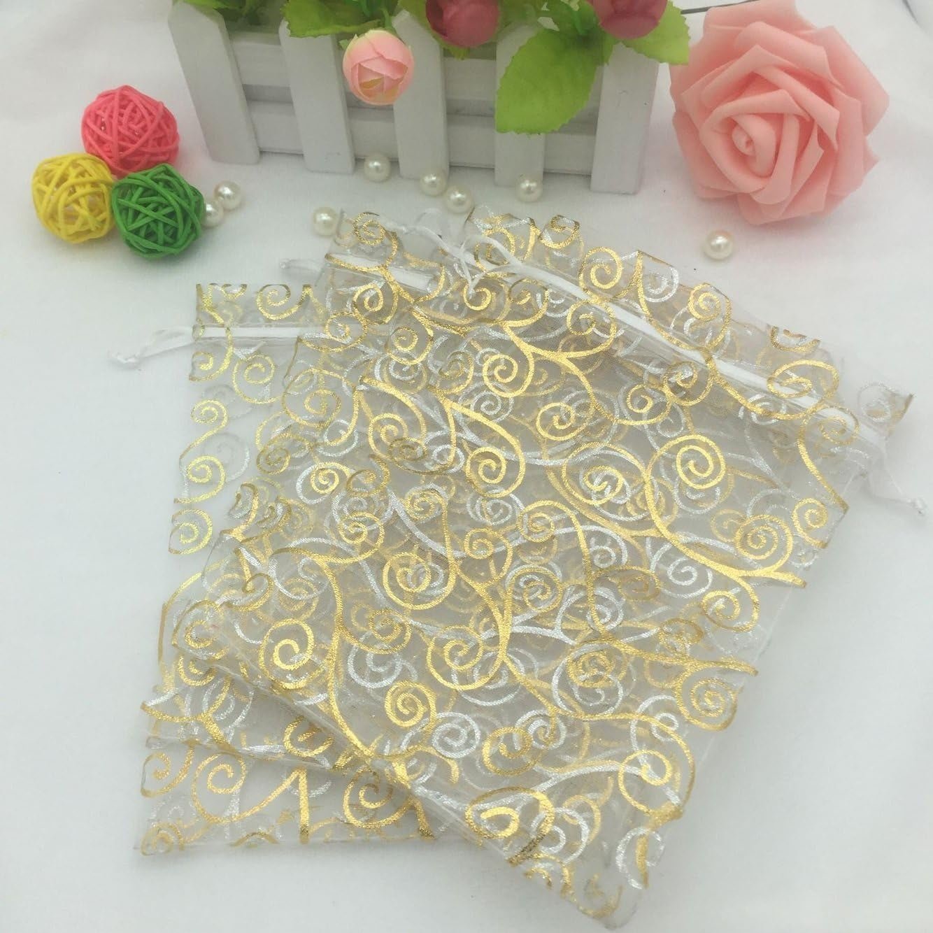 100Pcs Sheer Organza Favor Bags for Wedding Baby Shower Rattan Print Gift Bags Samples Display Drawstring Pouches (3X4 Inch, White)