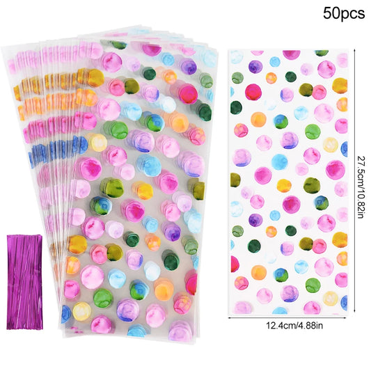 50pcs Rainbow Polka Dot Printed Cellophane Treat Bags Plastic Candy Gift Pack Bag Baby Shower Birthday Party Supplies