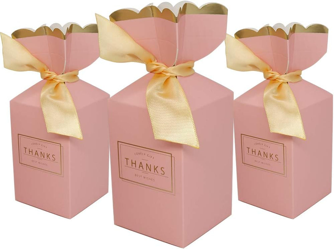 Favor Boxes, 50Pcs Paper DIY Candy Boxes with Ribbons for Wedding, Bridal Shower, Baby Shower, Birthday Party(2.28X3.46X5.71Inch, Pink)