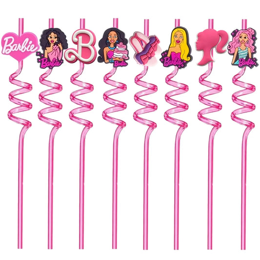 8pcs/pack Barbie Theme Drinking Straws Kids Girls Birthday Party Decorations Baby Shower Pink Princess Party Supplies Gift Toys