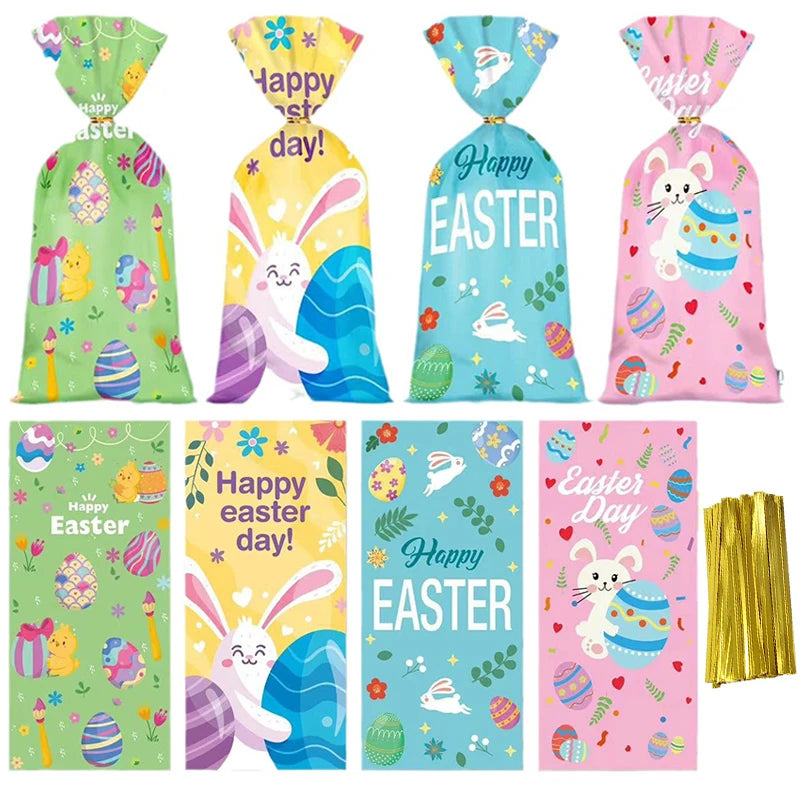 50pcs Cartoon Easter Candy Gift Bags Easter Treat Bag with Ties Easter Party Kids Gifts Cookie Packaging Supplies Basket Stuffer