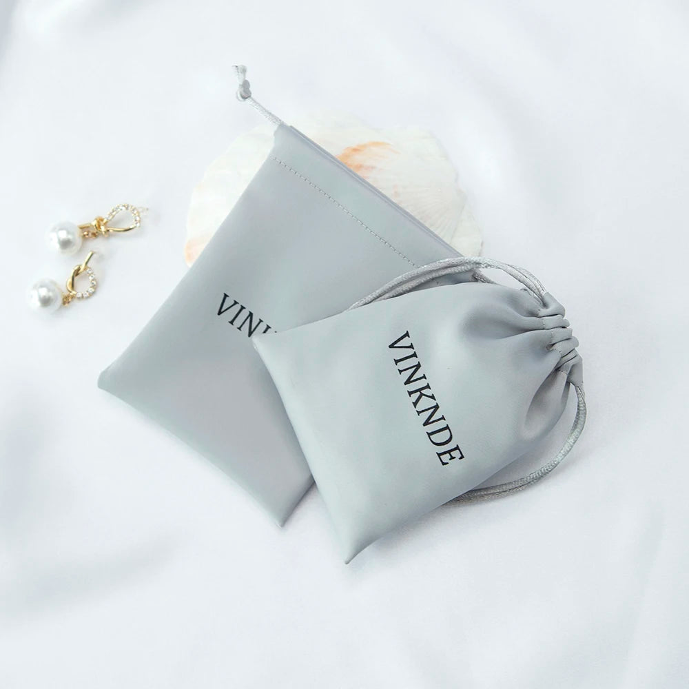 50Pcs Custom Logo Gray Silk Travel Jewelry Gift Ring Necklace Storage Pouches Wedding Favor Packaging Drawstring Satin Candy Bag