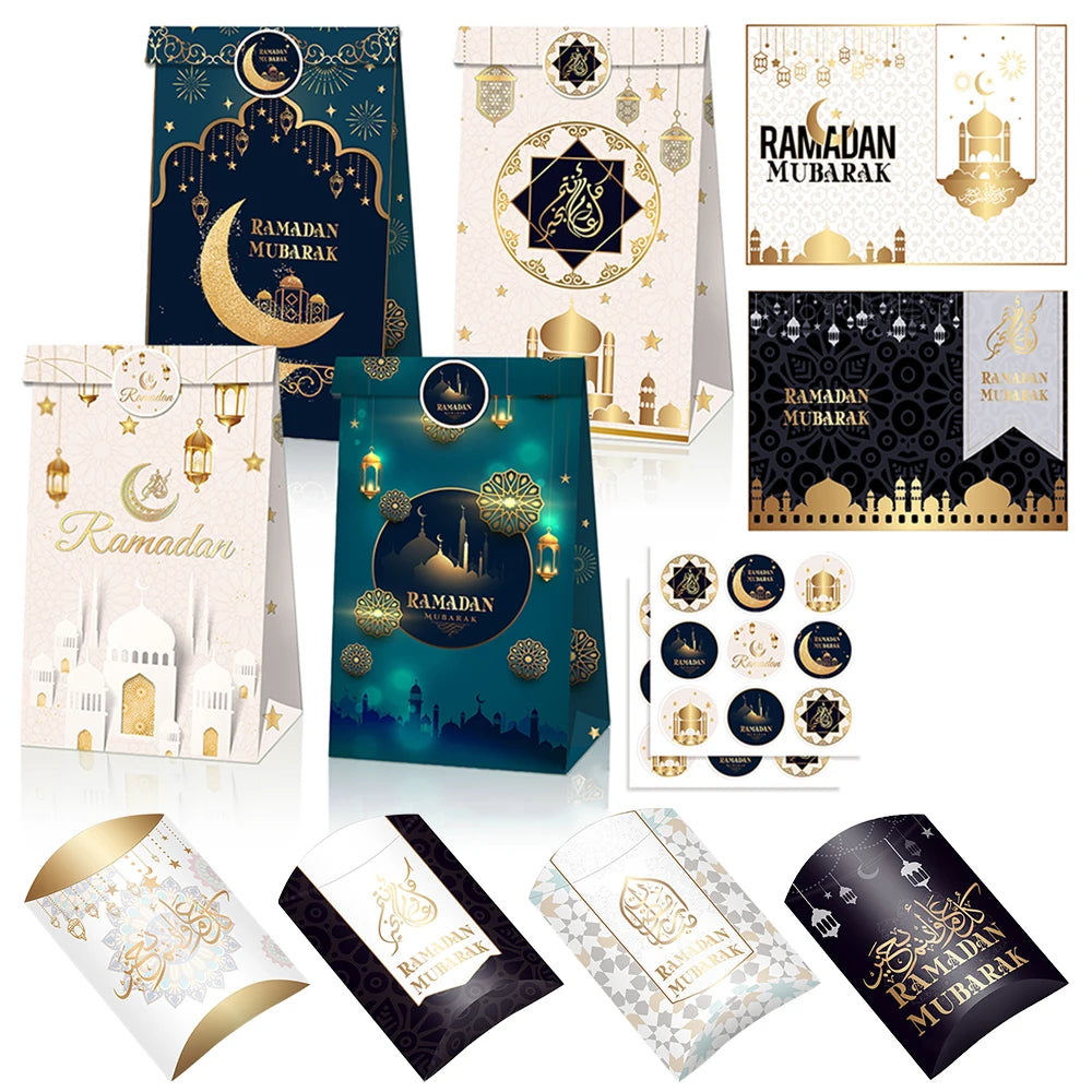 12pcs Eid Mubarak Gift Bags with Stickers Cookie Candy Packaging Box Islamic Festival Ramadan Mubarak Eid al-Fitr Party Supplies