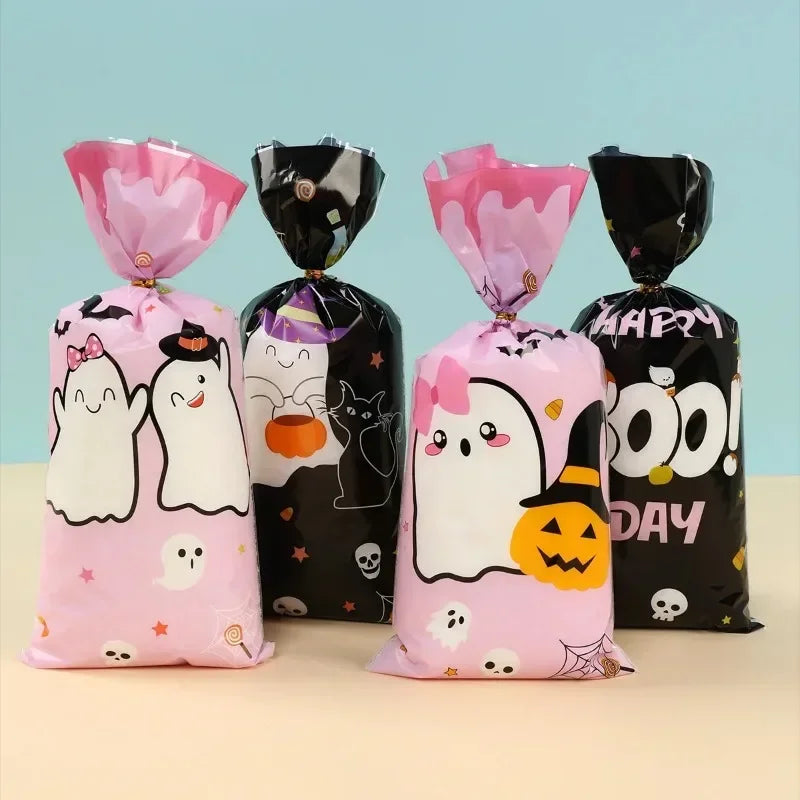 50/100pcs Halloween Ghost Cat Gift Bags Candy Cookie Packaging Bags Trick Or Treat 2024 Happy Halloween Party Decor Supplies